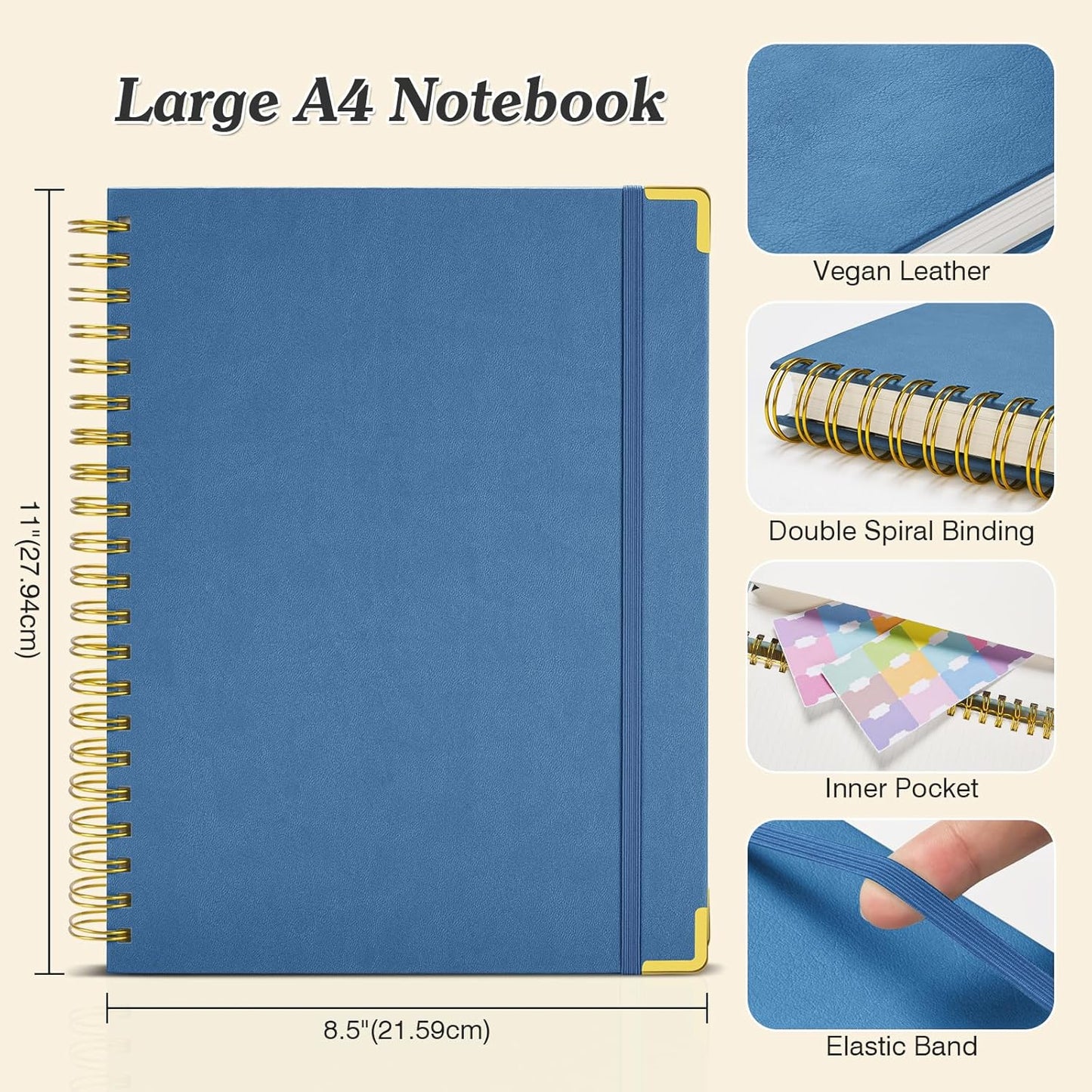 Bullet Dotted Journal Spiral Notebook, 300 Pages Leather Notebooks with Contens, 120 GSM Thick No Bleed Through Paper Journals, A4 Dot Grid Notebook for Women Men Work Writing, 8.5" x 11", Dark Blue