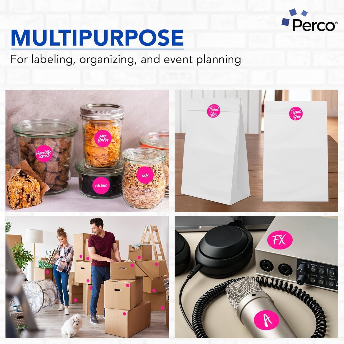 Perco Fluorescent Pink 2-Inch Round Circle Dot Sticker Labels - Multi-Roll Pack (3 Rolls, 500 Labels Each) - Permanent Adhesive, Vibrant Colors, Strong Hold - Perforated for Easy Use - Made in USA