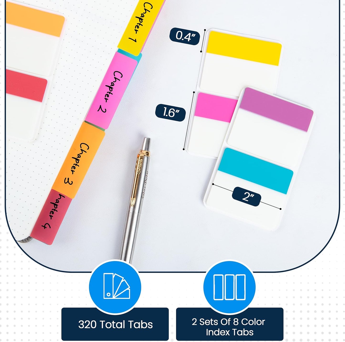 Essex Wares - 320 Pieces - 2-Inch Sticky Index Tabs for File Folders - 8 Colors - 2" x 1.6", 40 Pieces Each - Versatile Sticky Tabs for Notebooks - Repositionable File Tabs - Water-Resistant