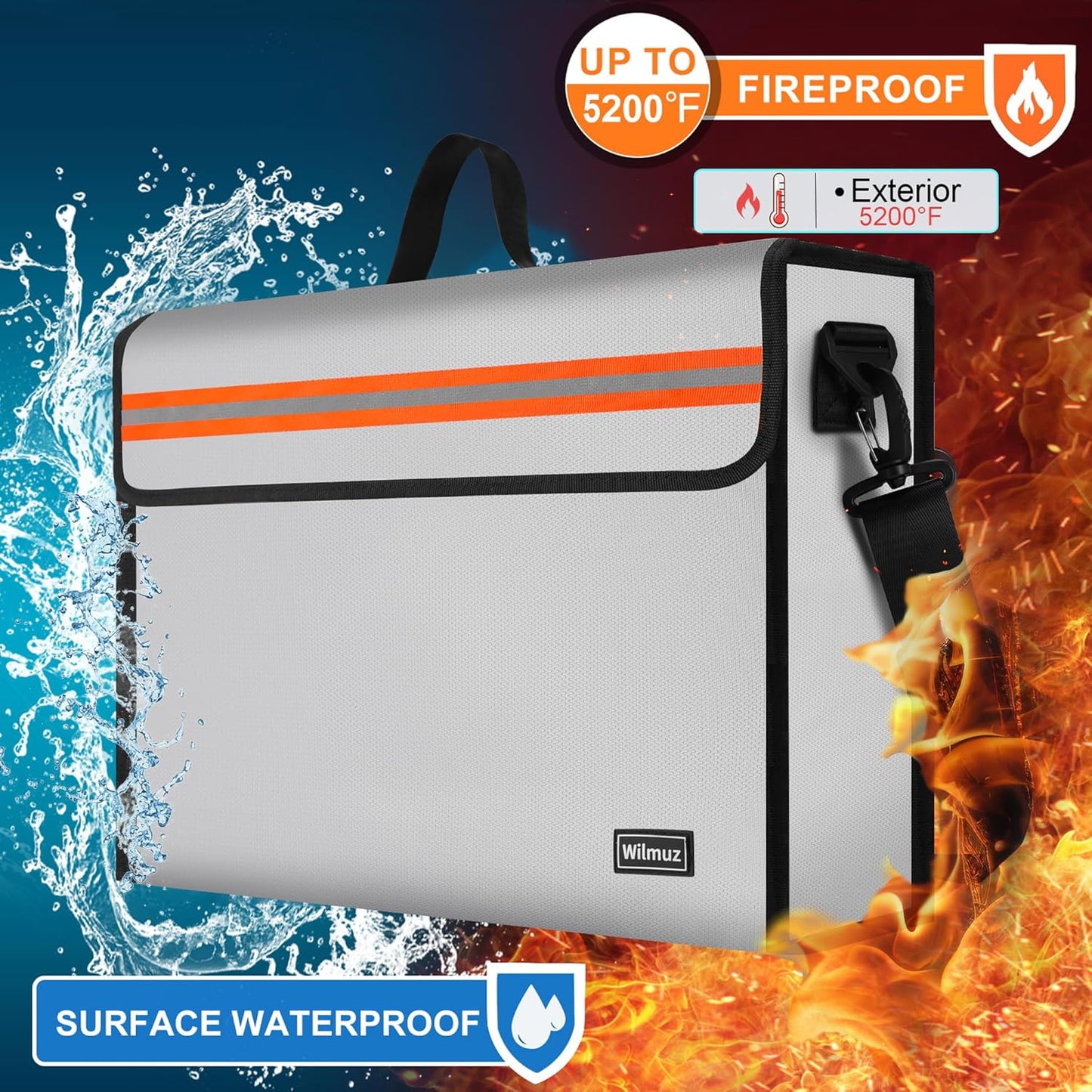 Fire Proof File Box for Documents with Shoulder Strap 5200℉ Insulated,14.9"x11.8"x4.7"Fireproof Document Bag with Reflective Strip,Fireproof Box for Money,Valuables,Jewelry(Silver)