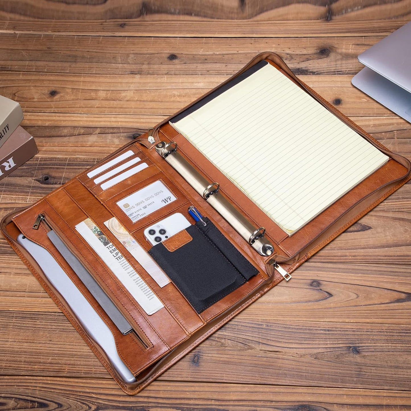 Genuine Leather Portfolio with 3 Ring Binder, Full Grain Leather Padfolio Zippered, A4 Notebook Holder Laptop Sleeve Professional Folder Organizer Gift for Men and Women, Brown, Oil Tanned