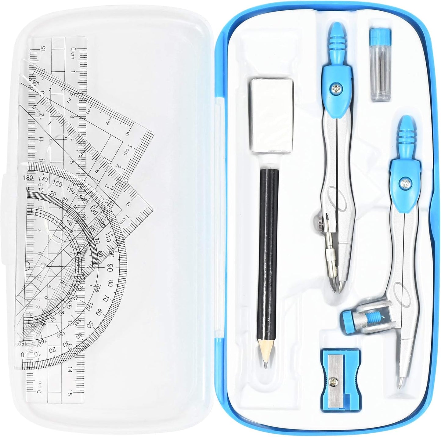 Math Geometry Kit Sets 10 Piece Student Supplies with Shatterproof Storage Box,Includes Rulers,Protractor,Compass,Eraser,Pencil Sharpener,Lead Refills,Pencil,for Drafting and Drawings（Blue）
