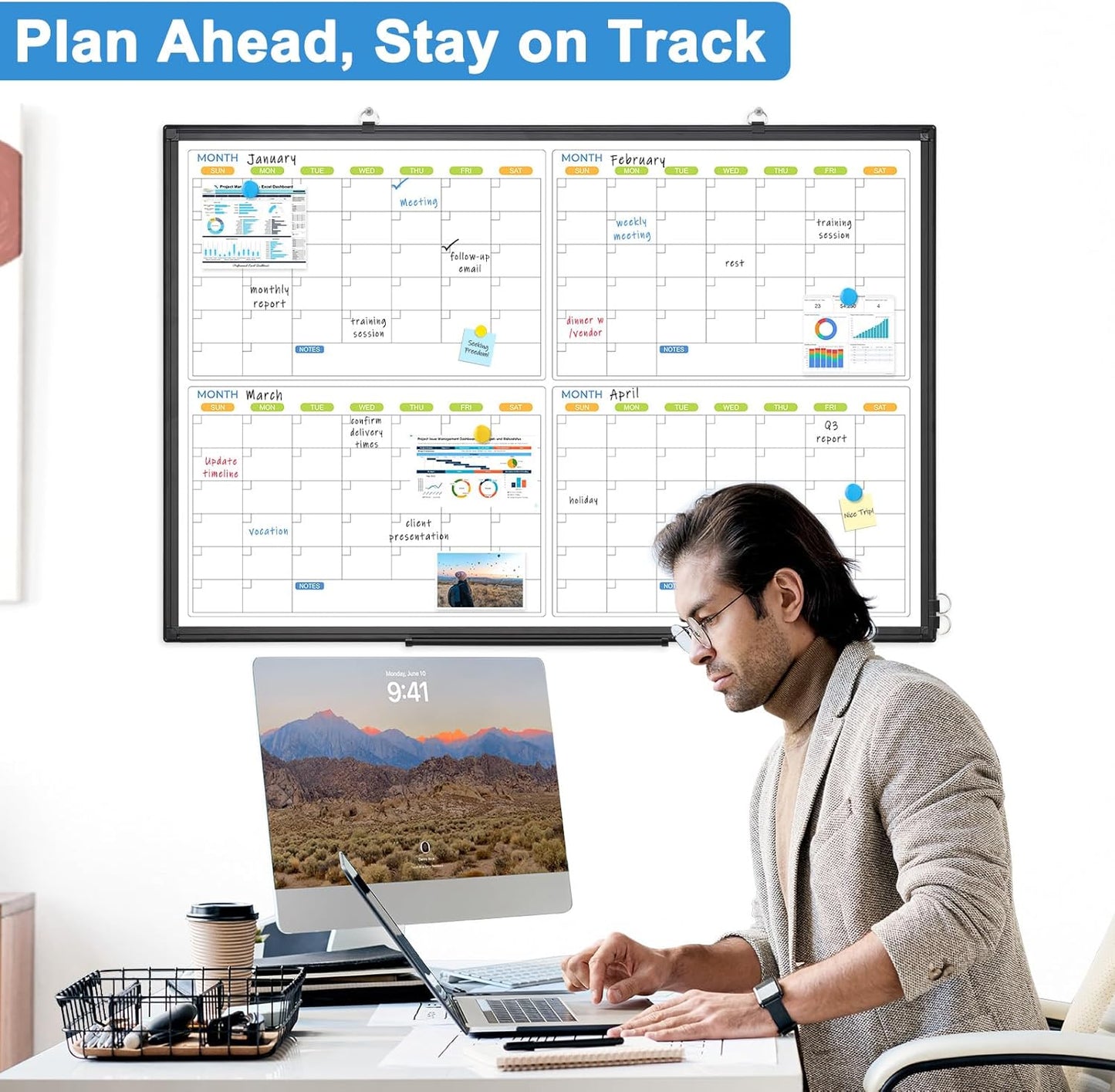 Dry Erase Calendar For Wall 4 Month, WALGLASS 36" x 24" Large Double-sided White Board Calendar, Dry Erase Monthly Planner Board, Black Aluminum Frame Hanging Wall Mounted Board for Office Home School