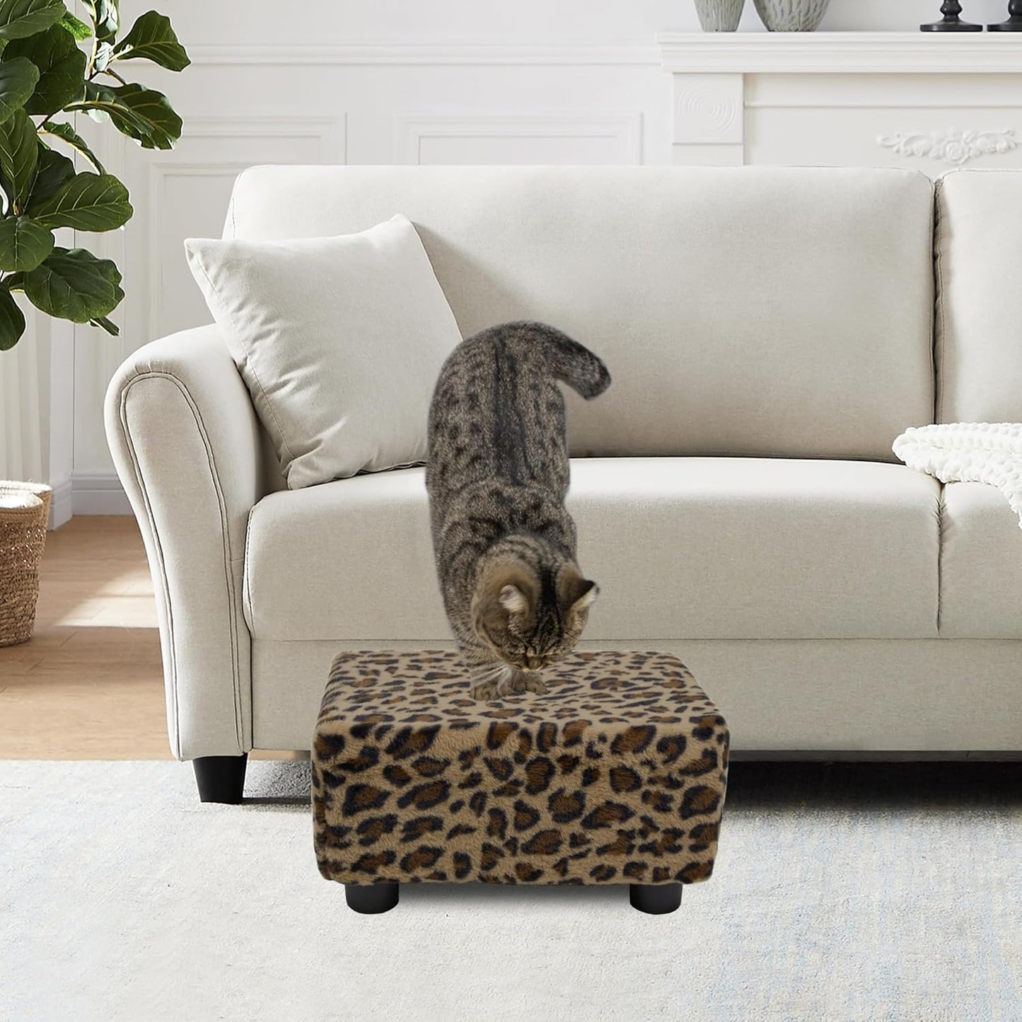 CAROLMADE Small Foot Stool Ottoman Footstool with Legs Under Desk Footrest for Living Room Bedroom and Office, Faux Fur Brown