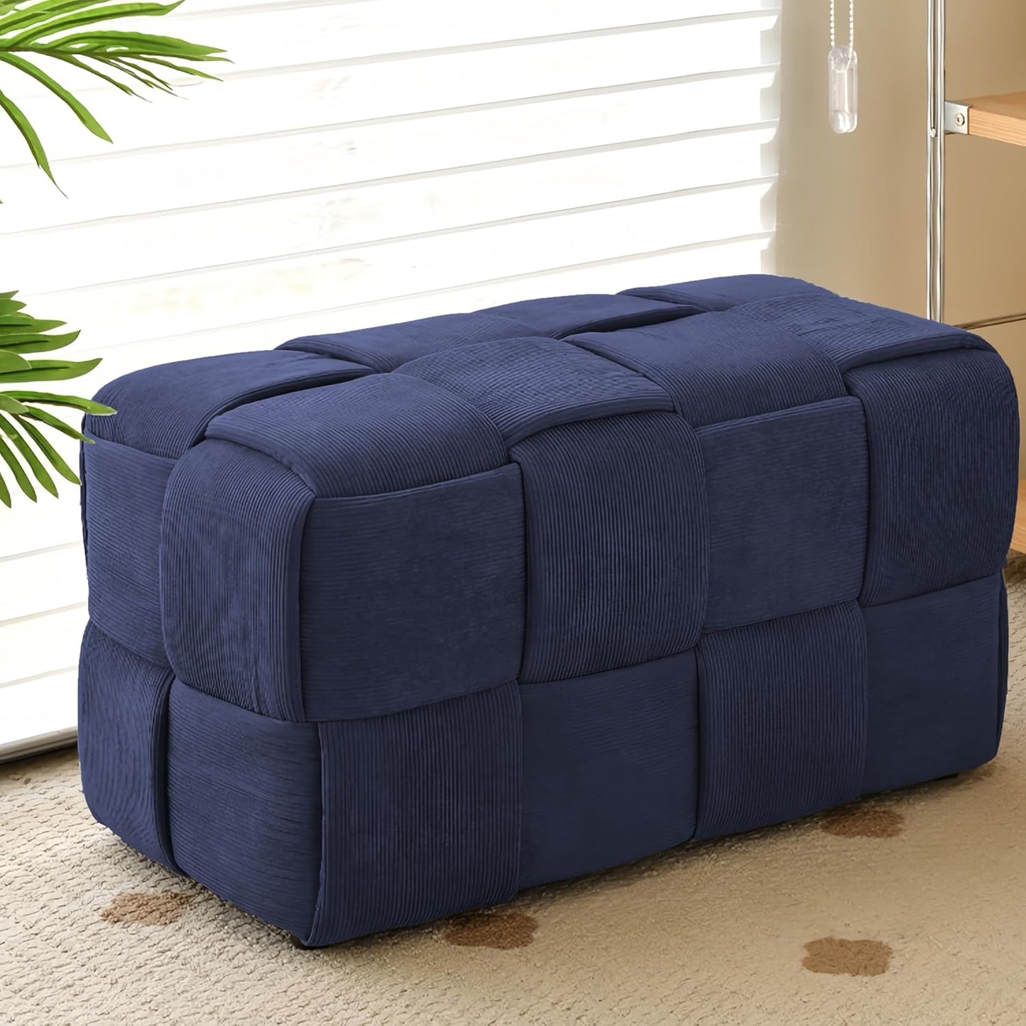 Ottoman Foot Rest Soft and Comfortable Ottoman Square Corduroy Woven Design Sofa Stool (Blue-L)