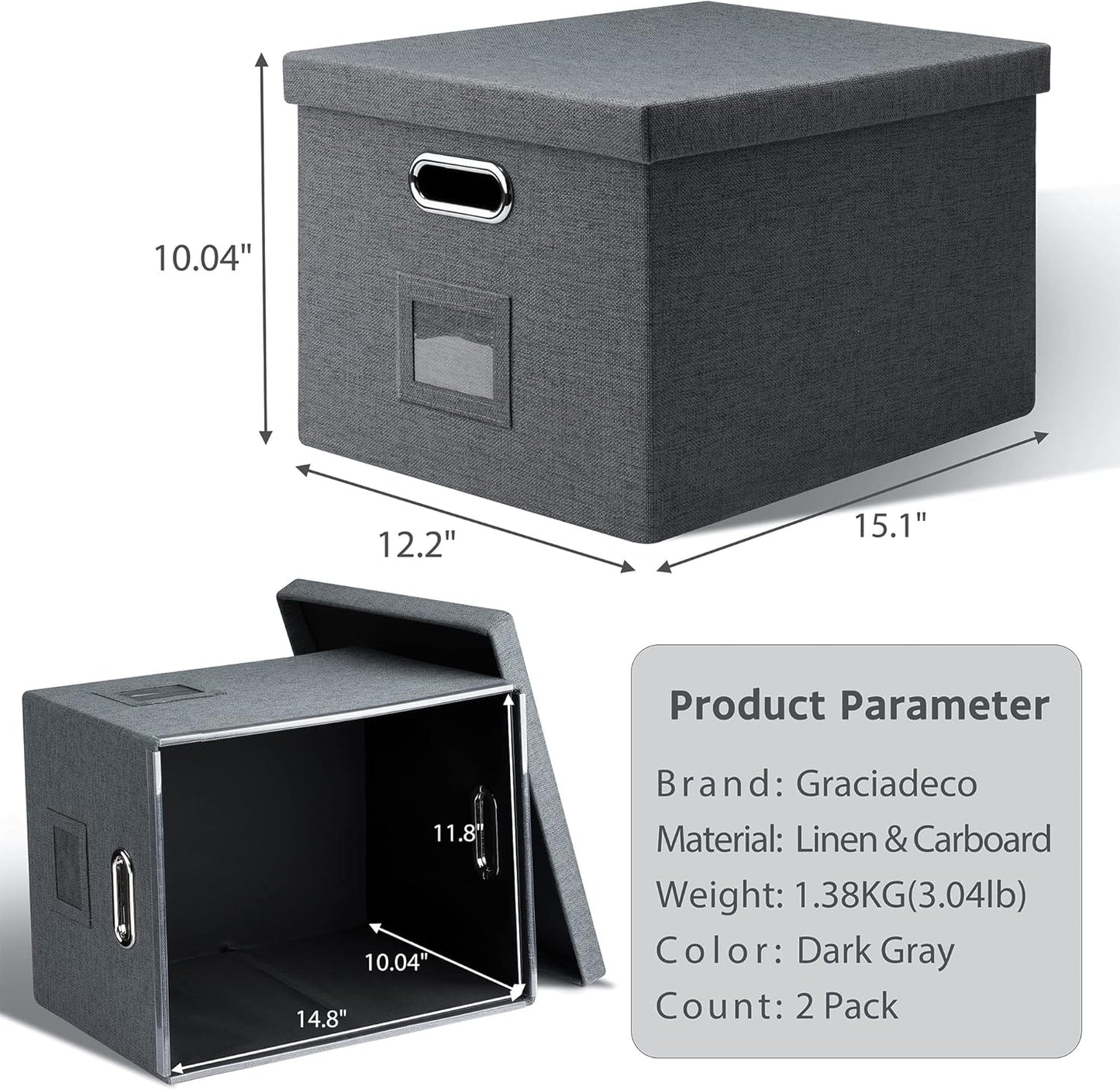 File Organizer, Collapsible Storage Filling Box with Lid for Letter Legal Size Hanging Folders Decorative Linen File Folder Box Document Storage Filing Bin, Dark Gray 2 Pack