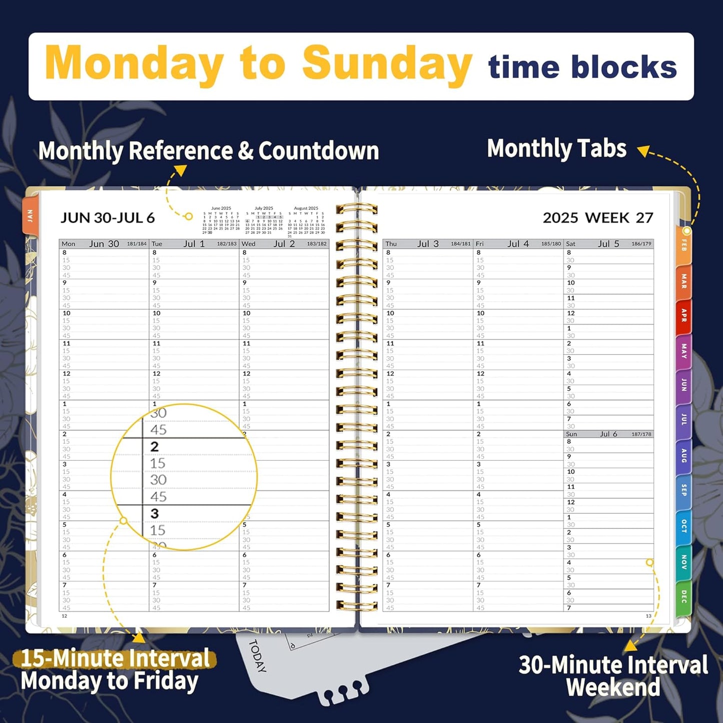 SUNEE 2025-2026 Appointment Book, Quarter-Hourly, Weekly & Monthly - from July 2025 to June 2026, 6.4"x8.3" Academic Planner, Flexible Cover, Note Pages, Pockets, Bookmark, Spiral Binding, Vintage