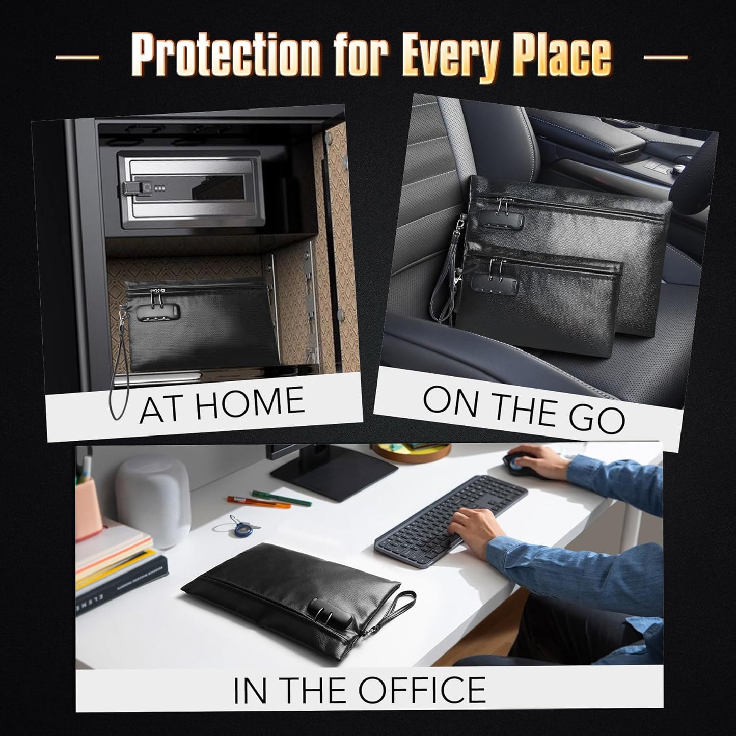 Fireproof Document Bag Set with Lock, 2 Pcs Money Box for Cash & Passport, 6200°F Fire Proof Bag for Documents 14"x9.8" & 10.6" x 6.7", Fireproof Document Safe, Waterproof Money Bags Pouch with Zipper