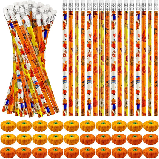 Cinrobiye 60 Pieces Fall Thanksgiving Day Pencils with Pumpkin Eraser Bulk Fall Party Favors Maple Leaf Autumn Pumpkins Pencils Erasers for Harvest School Party Teacher Rewarding Supplies