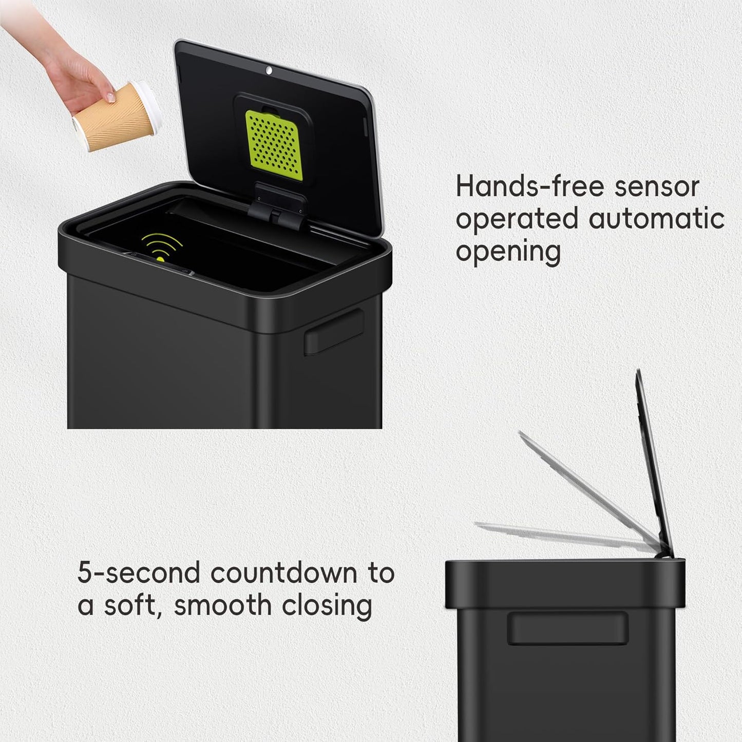 EKO Deluxe Mirage-T 50 Liter / 13.2 Gallon Touchless Rectangular Motion Sensor Trash Can, Matte Black Stainless Steel Finish