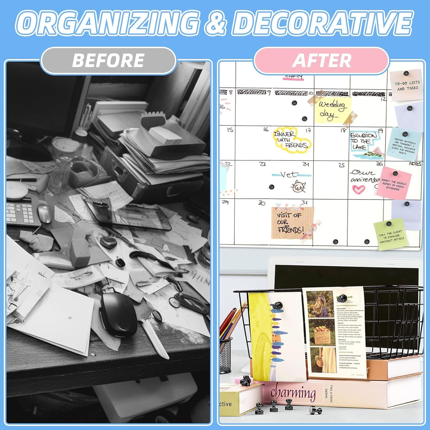 VNDUEEY 30Pcs Strong Fridge Magnets, Black Whiteboard Magnets Refrigerator Magnets, Magnetic Push Pin, Small Metal Magnets for Locker, Map, Kitchen, Office, School, Adults