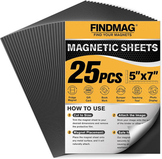 FINDMAG Magnetic Sheet, 5” x 7”, Pack of 25, Sticker Magnets for Die Storage, Flexible Magnet Sheets with Adhesive for Painting, Crafting, Card Making, Painting.