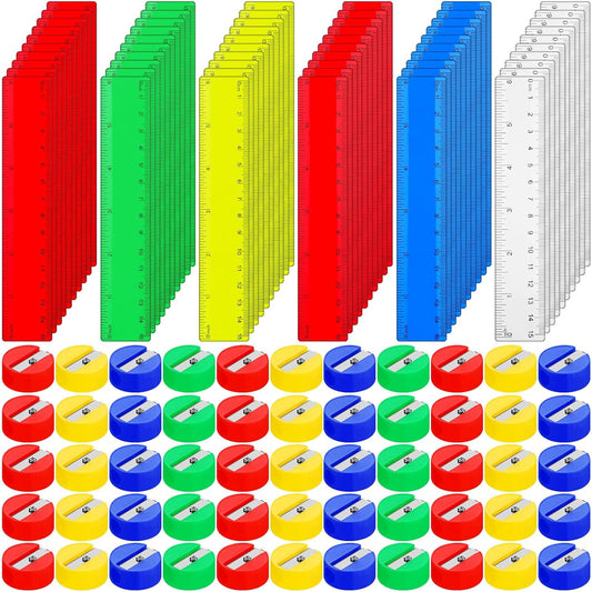 100 Pcs Plastic Rulers and 100 Pcs Mini Round Manual Pencil Sharpener Bulk, 4 Assorted Colors Pocket Sized Pencil Sharpeners Colorful Straight Ruler Back to School Supplies for Kids (Classic,6 Inch)