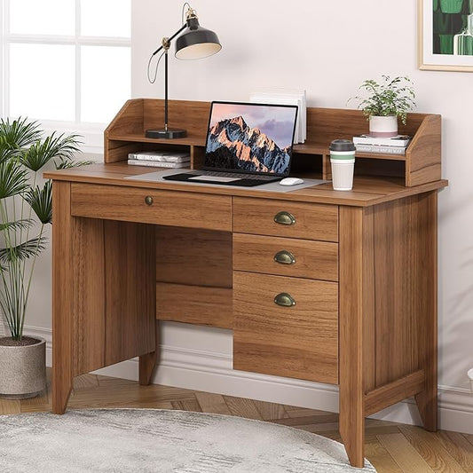 4 EVER WINNER Wooden Desk with Drawers, Small Desk with Monitor Stand and File Drawe, Writing Desk with Drawers for Bedroom Small Spaces, Walnut