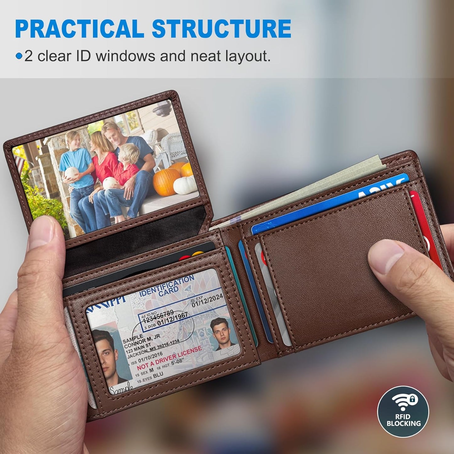 Wallet for Men Wallet with Cash Pocket 2 ID Window 13 Cards,Slim Leather Wallet Front Pocket Card Holder RFID Blocking with Gift Box