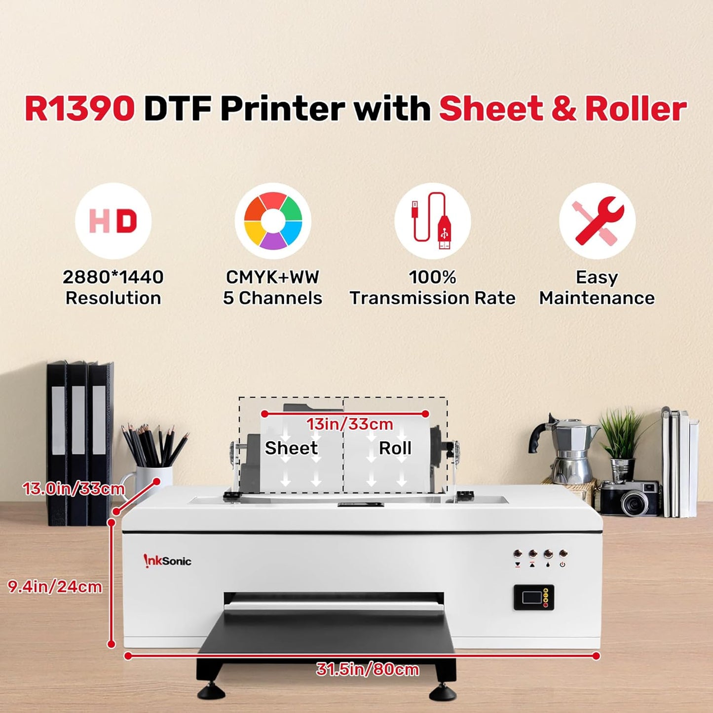 InkSonic DTF R1390 Printer A3, 13" Width DTF Transfer Pinter Bundle with Heat Press Machine, Custom T shirt Printing Machine, Multi-Material Compatible, Direct to Film, White Ink Circulation System