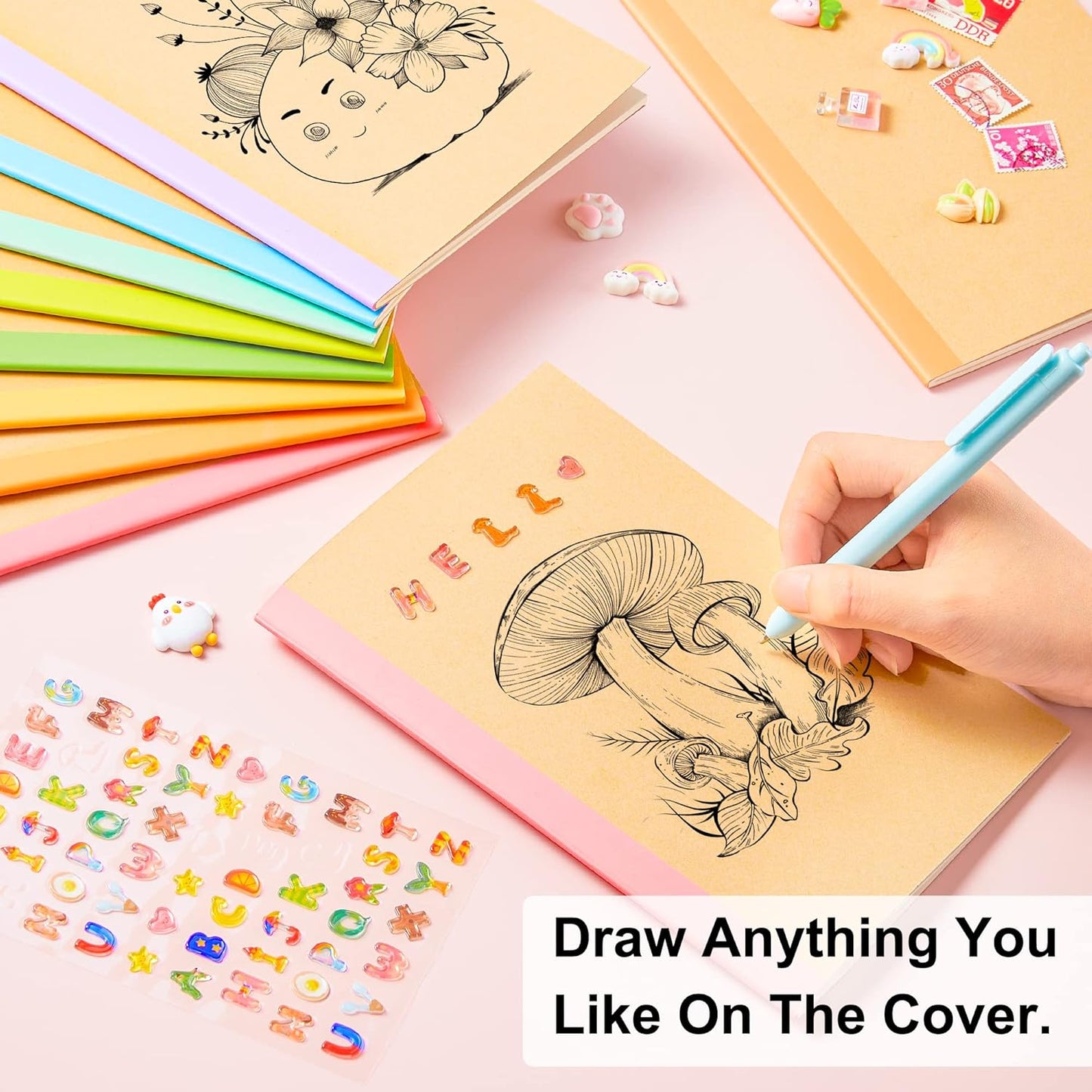 feela 16 Pack Composition Notebook Bulk, Kraft Cover Lined Blank College Ruled Travel Journals with Pastel Color Spine For Women Students Office, 60 Pages, 8.3”x 5.5”, A5, 8 Pastel Colors