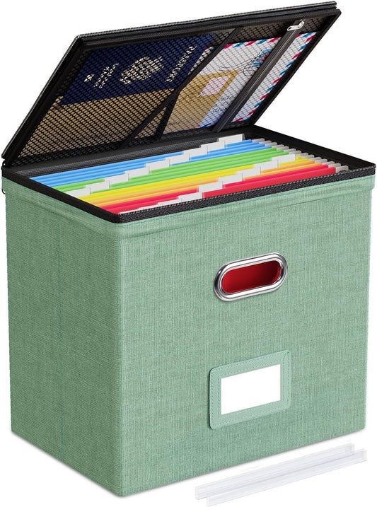 Oterri 1 Pack File Organizer Boxes with Lids, File Box with Mesh Pockets, Document Organizer Box for File Folders Letter Size, Zippers Filing Box for Home, Office, School (Green, Without Folders)