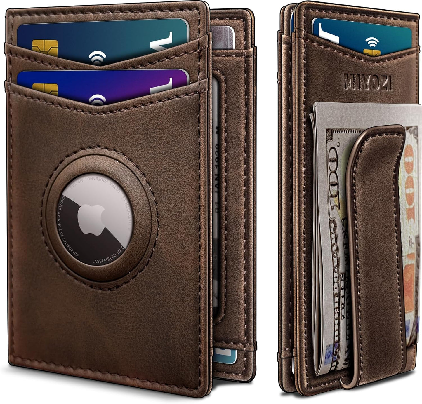Airtag Wallet for Men- with Money Clip Gift Boxed, Magnetic Closure Slim Genuine Leather Front Pocket Wallet, 4.1"x 2.8", RFID Blocking