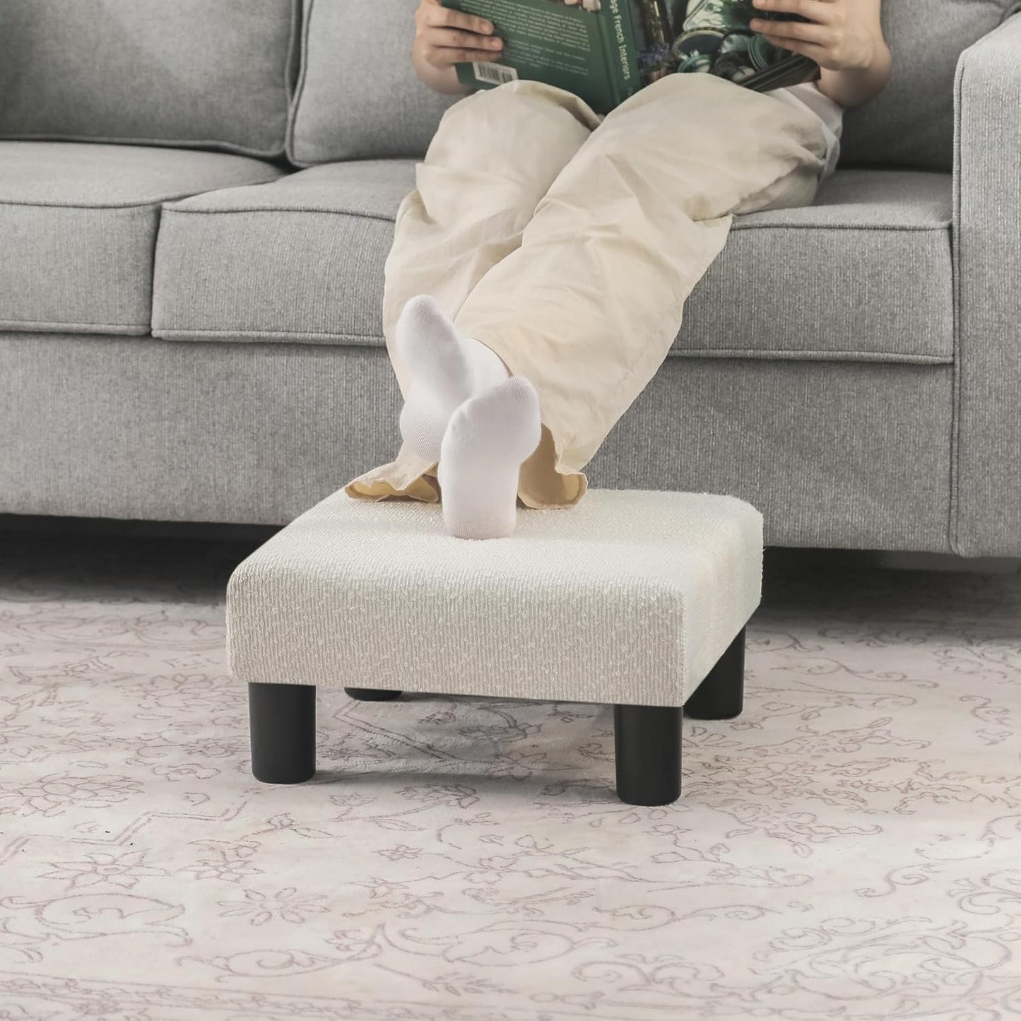 Joveco Small Foot Stool Ottoman, Cotton Line Square Footstool Upholstered Footrest Foot Rest for Chair, Under Desk, Office, Living Room, Pinstripe White