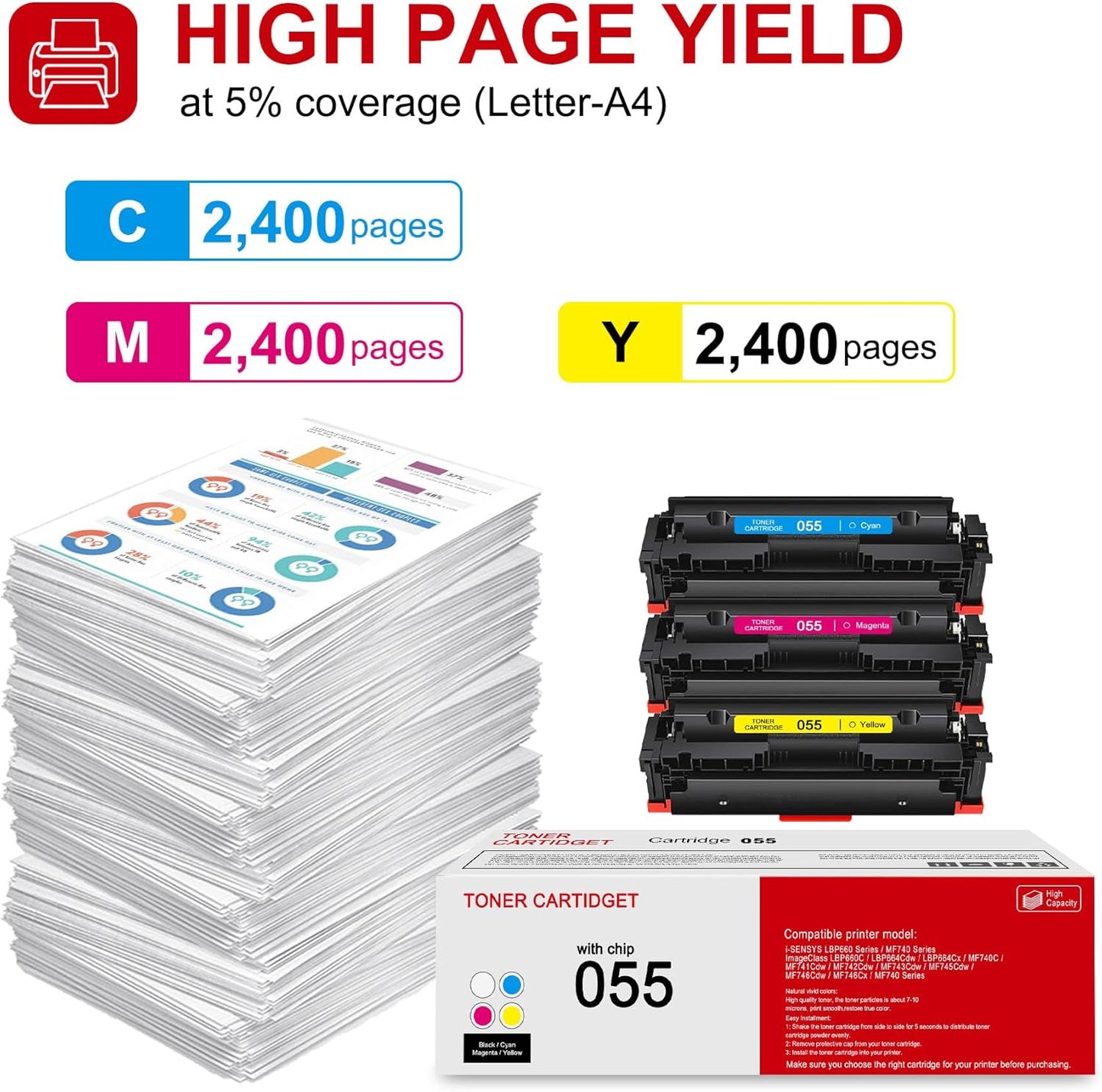 3 Pack 055 C/M/Y Toner Cartridge: Compatible CRG-055 Replacement for Canon i-SENSYS LBP660 MF740 Series ImageClass LBP660C LBP664Cdw LBP664Cx MF740C MF741Cdw MF743Cdw MF746Cdw MF740 Series Printer