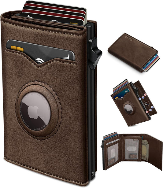 Airtag Wallet for Men,with Cash Pocket 2 ID Window 9-12 Cards,Metal Case Smart Slim Pop Up Credit Card Holder Flip with Magnetic Closure RFID Blocking Trifold wallet with Gift Box