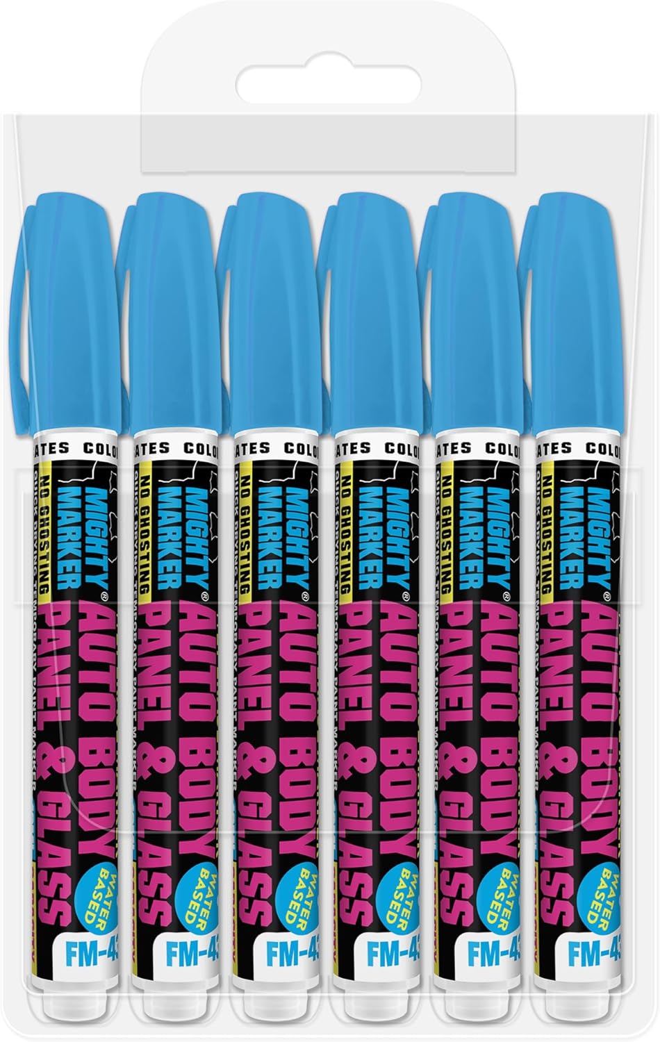 FM-43 Auto Body and Glass Paint Marker, No-Ghost, Highly Water-Resistant, 2.3mm Bullet Tip, Valve Action, 6 Bonus Reversible Tips, Made in USA - Fl. Blue 6 pack