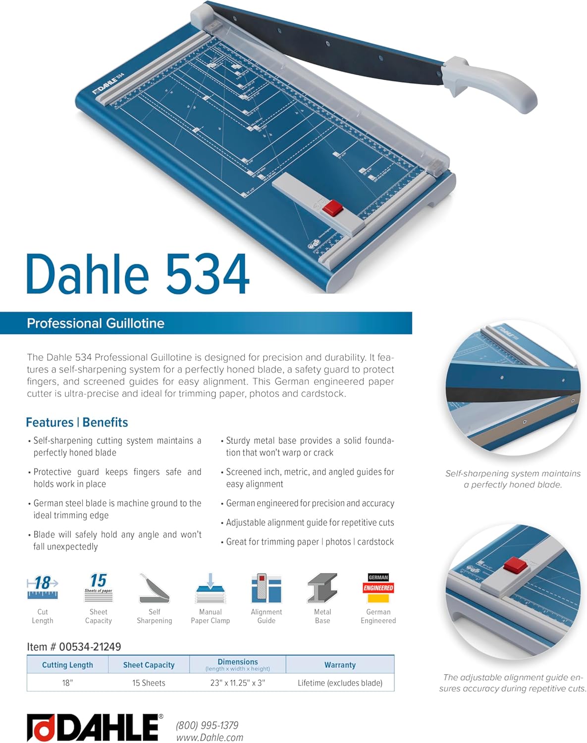 Dahle 534 Professional Guillotine Trimmer, 18" Cut Length, 15 Sheet Capacity, Self-Sharpening, Manual Clamp, German Engineered Paper Cutter