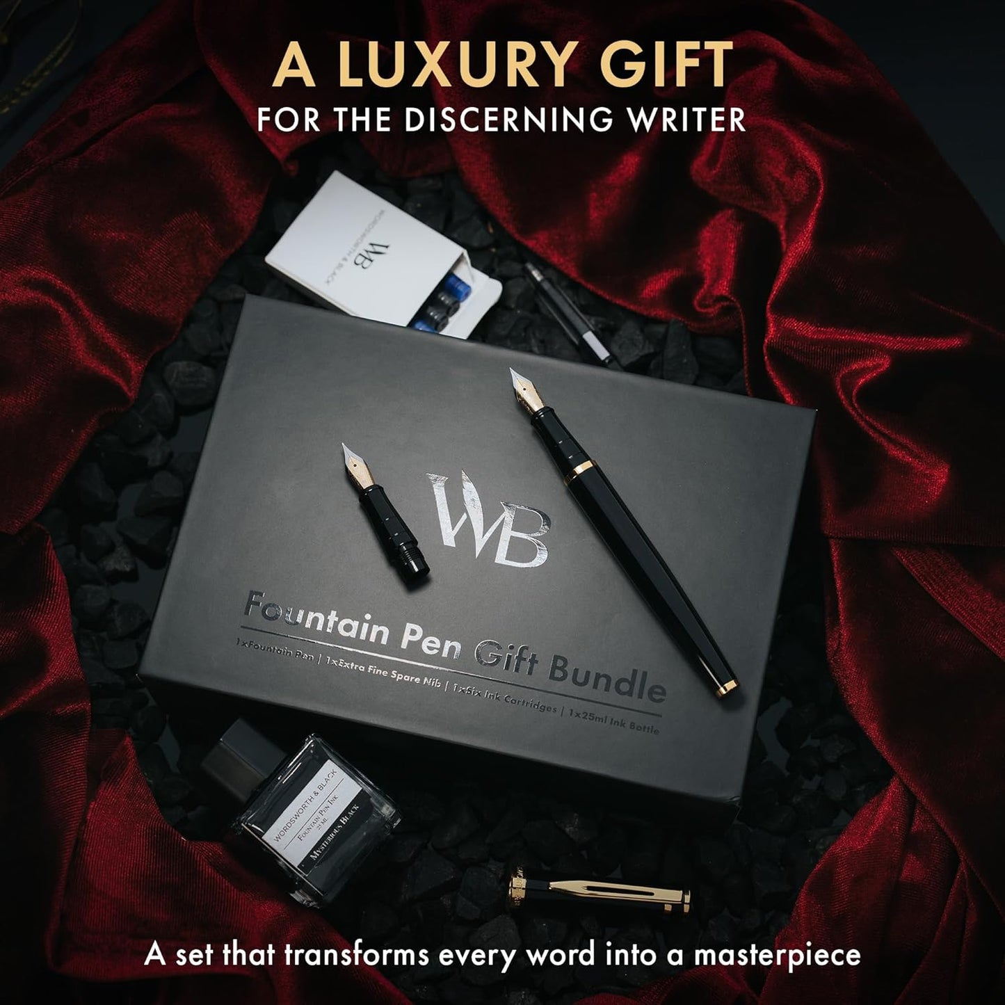 Wordsworth & Black Fountain Pen Set,18K Gilded Medium and Extra Fine Nib,25MLBlack Ink Bottle,6 Ink Cartridges,Refill Converter,Gift Box,Smooth Writing Pens [Black Gold],Gift Set for Men and Women