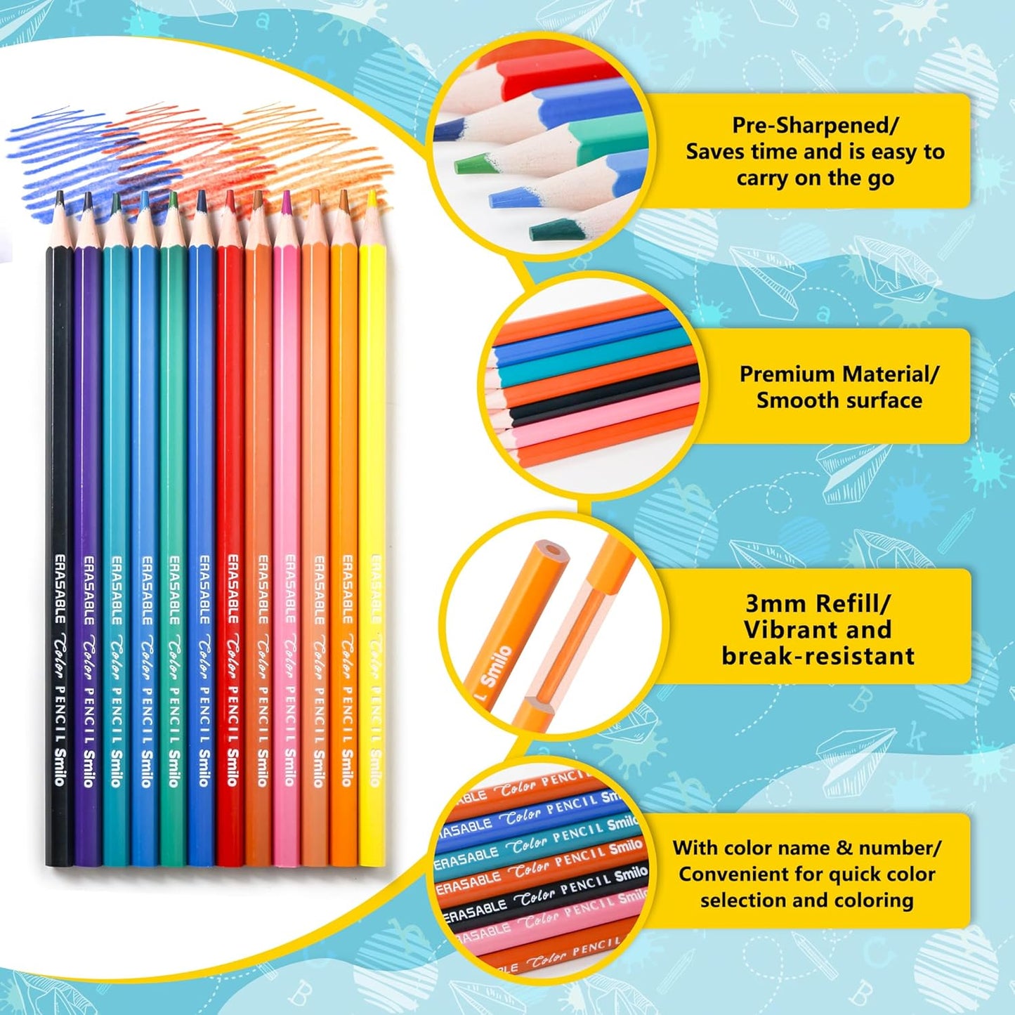 Smilo 336-Pack Erasable Colored Pencils Set - 288 Pre-Sharpened Pencils Bulk (12 Colors) + 24 Sharpeners & 24 Erasers - Back to School Supplies for Classroom, Teachers, Students