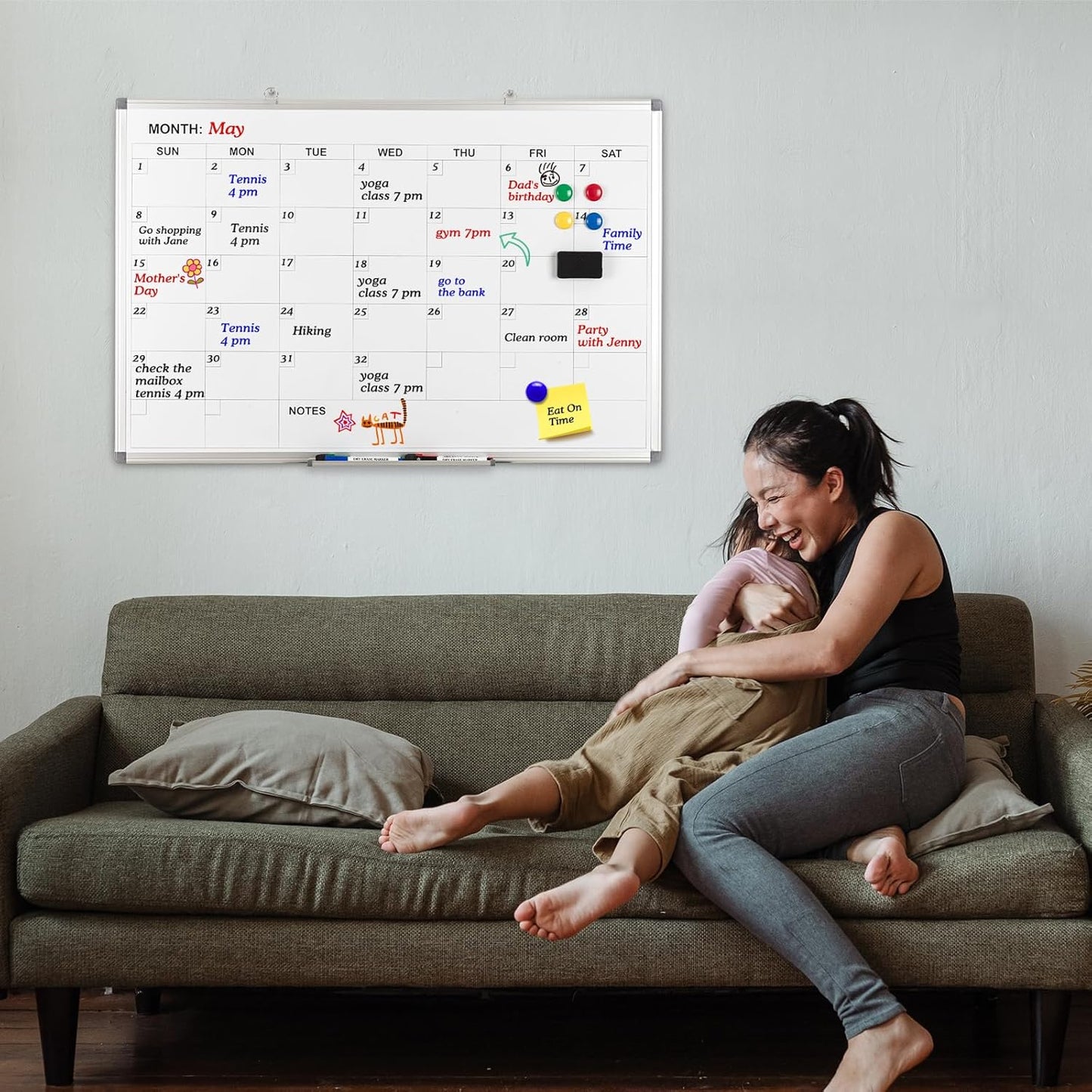 Comix Magnetic Dry Erase Calendar Whiteboard, 36 x 24 Inches Monthly Calendar Dry Erase Board for Wall, Aluminum Frame Planner White Board with Dry Erase Markers, Eraser, Magnets