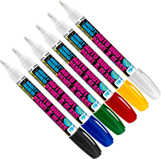 FM-43 Auto Body and Glass Paint Marker, No-Ghost, Highly Water-Resistant, 2.3mm Bullet Tip, Valve Action, 6 Bonus Reversible Tips, Made in USA - Basic Assorted 6 Pack