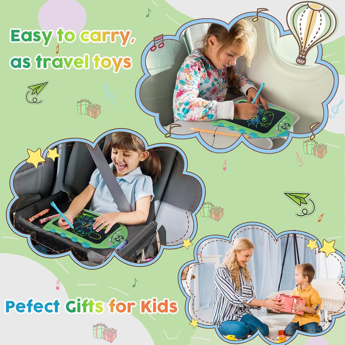 10 Inch LCD Writing Tablet for Kids, Type-C Rechargeable Doodle Board with Dino Sounds, Educational Toy for Toddlers 2-6, Birthday Gifts for 2 Year Old Boy, Toddler Toys for Airplane Travel