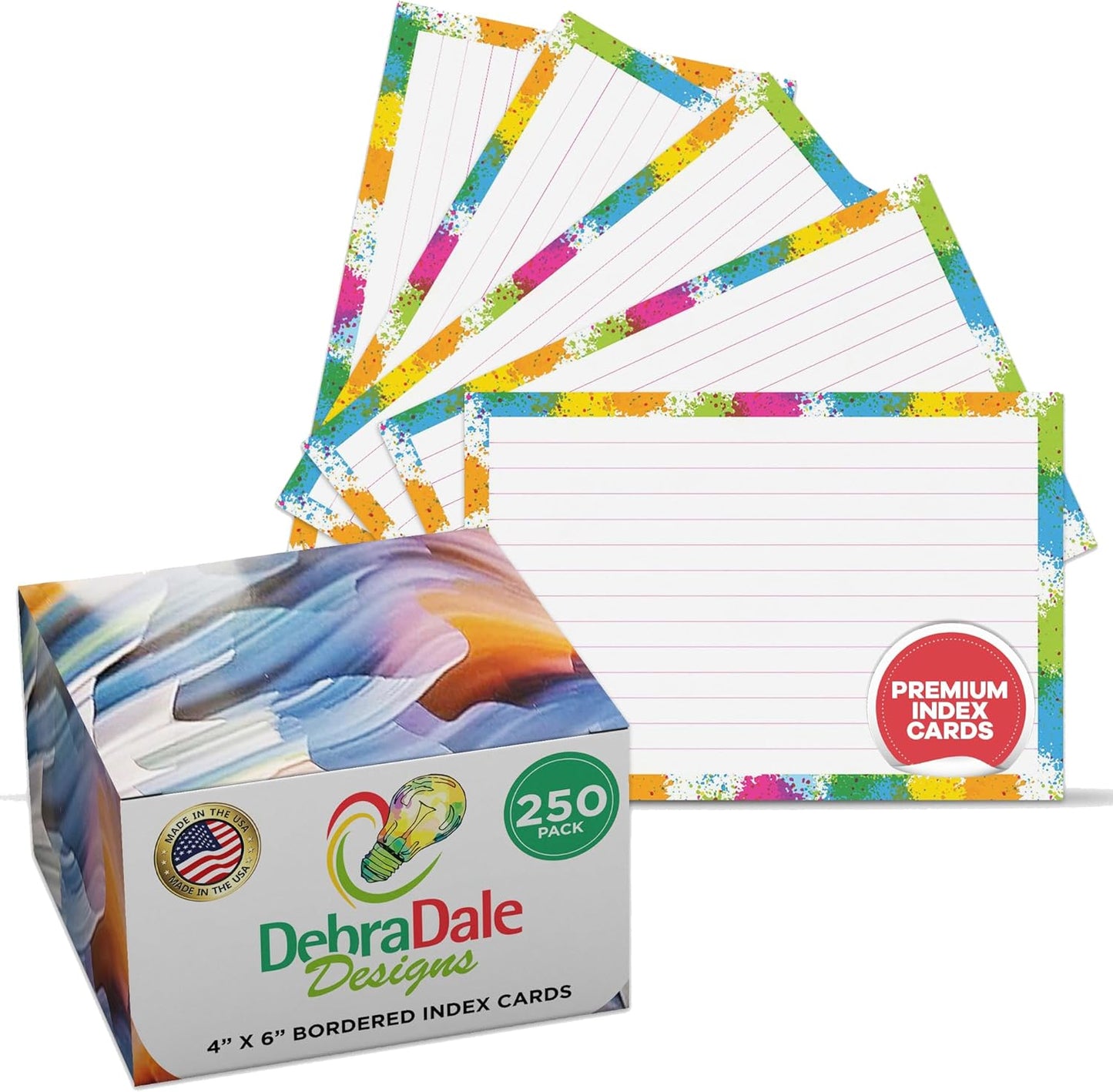 Artistic Flair 250-Pack Ruled Index Cards - 4"x6" - 140# Premium Cardstock with Paint Splatter Design - Elegantly Boxed - Made in USA