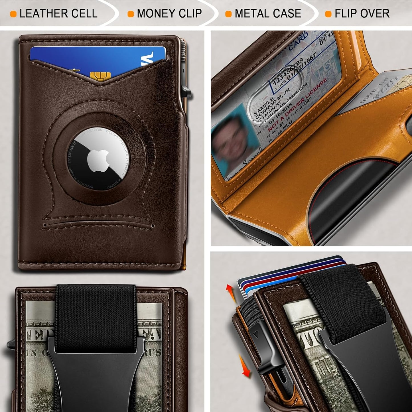 KEMISANT Airtag Wallet Men,Mens Slim Front Pocket Wallet Money Clip Standard or Apple Airtag Use 3.8"×2.8"×0.9"