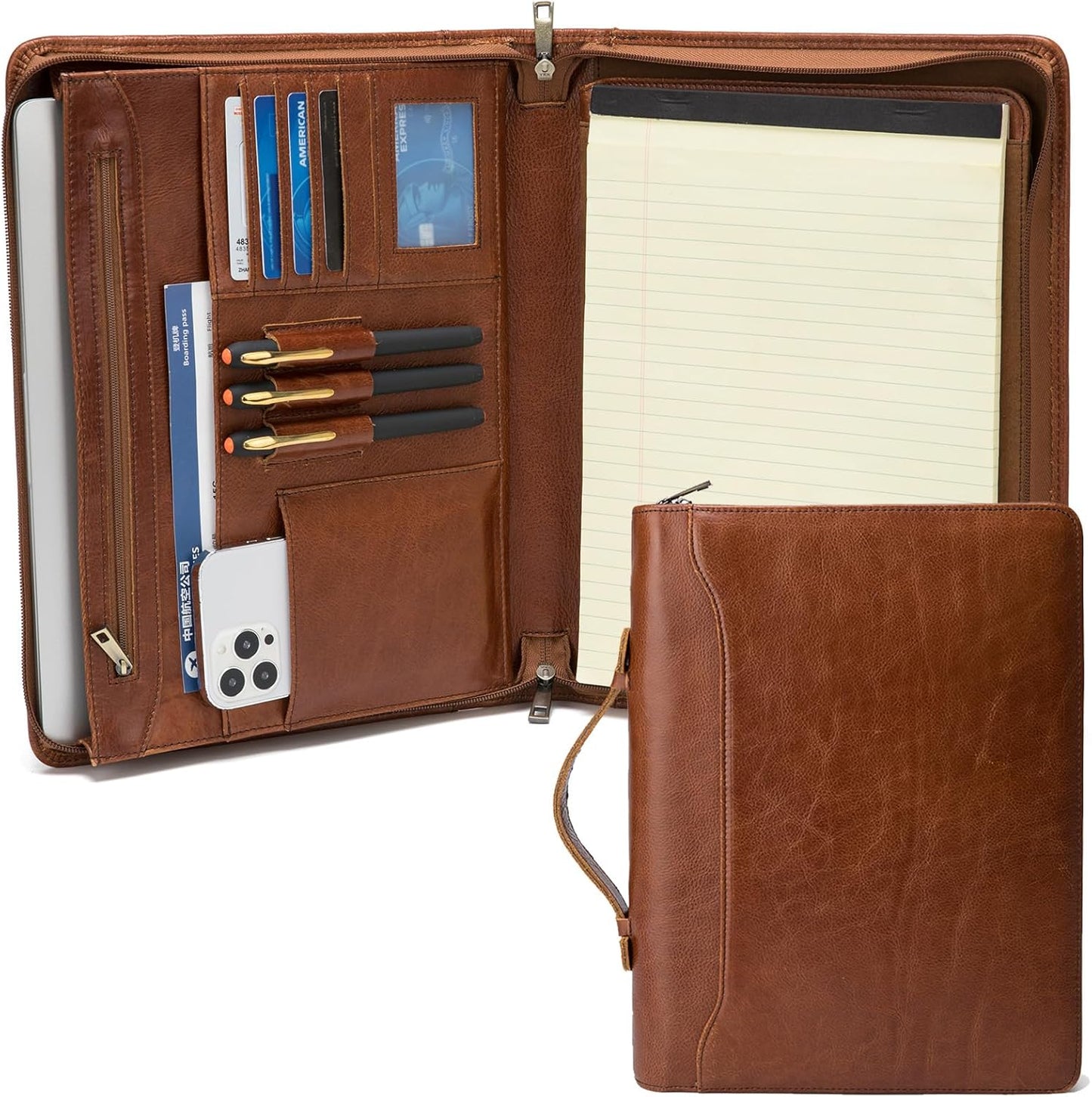 Genuine Leather Portfolio with Hidden Handle, Front Pocket, Business Padfolio Tablet/13” Laptop Organizer, Folio Document Cell Phone Holder, Professional Executive Folder, Brown, Oil Tanned