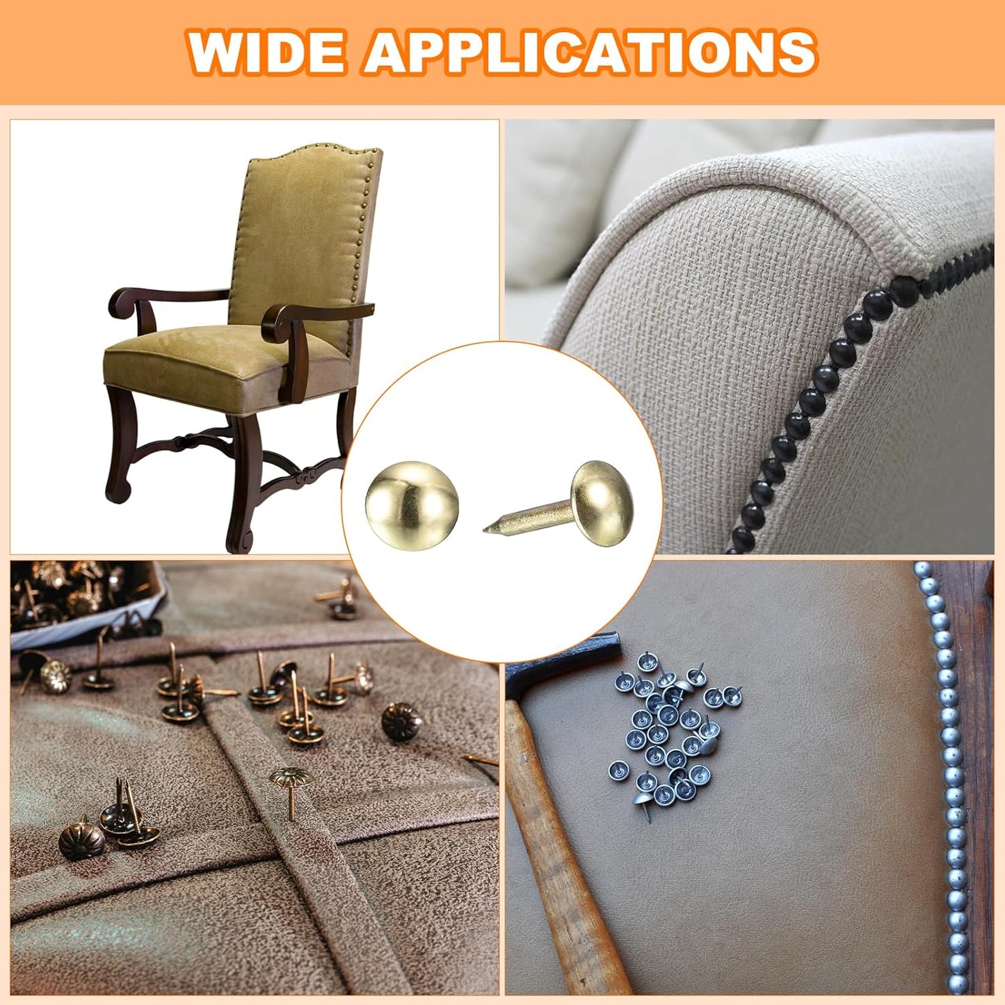 uxcell Upholstery Tacks Nail Pins Furniture, 100Pcs 6.4x13mm Thumb Tack Pins Assortment Kit Carbon Steel for Home Sofa DIY Decorative Nail Heads Nails, Gold