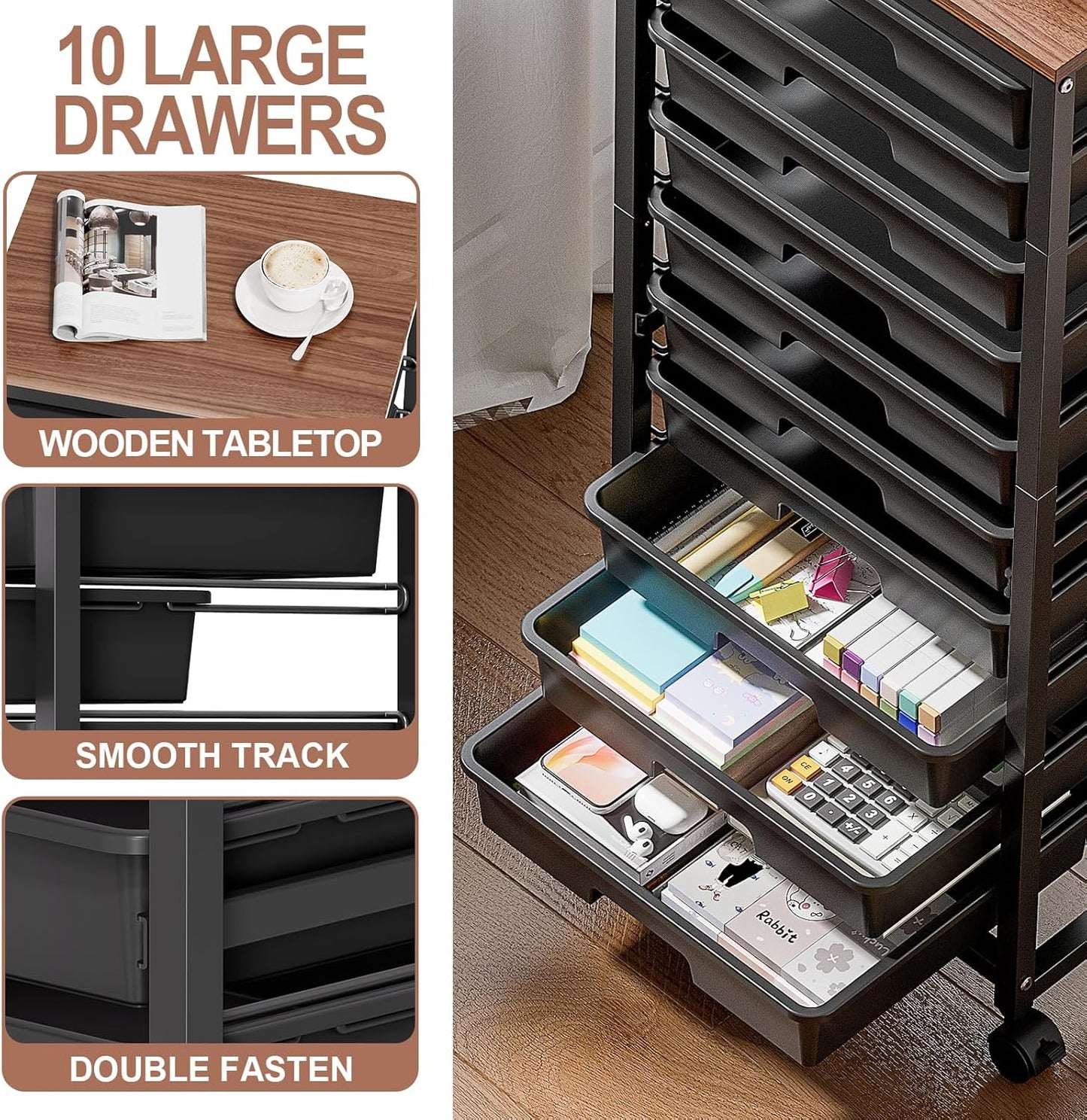 Rolling Cart with Drawers,10 Drawer Rolling Cart,Storage Cart,Utility Cart,Teacher Cart for Classroom Storage,Craft Cart with Wheels and Wooden Tabletop,Black