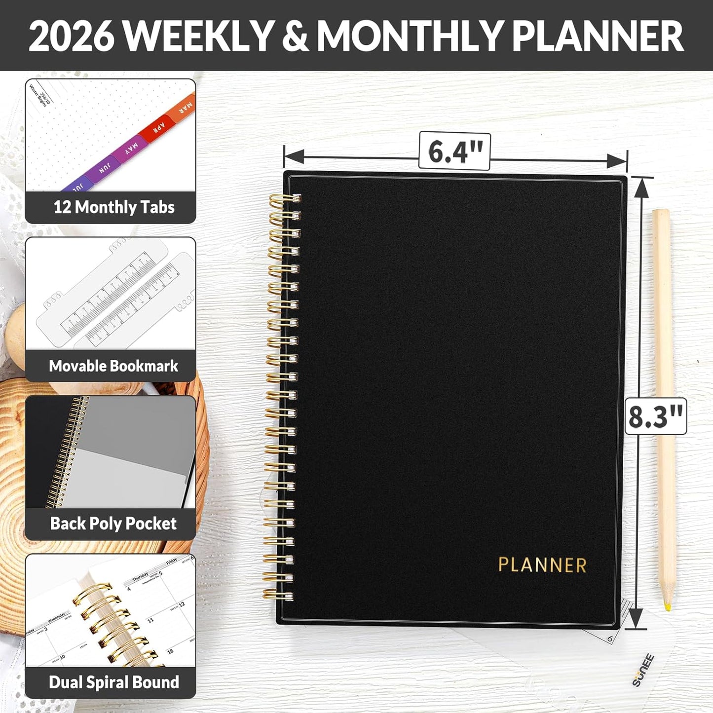SUNEE 2026 Weekly and Monthly Planner - from January 2026 - December 2026, 6.4" x 8.3" Daily Agenda Planner with Monthly Tab, Flexible Cover, Note Pages, Pockets, Bookmark, Spiral Binding, Black