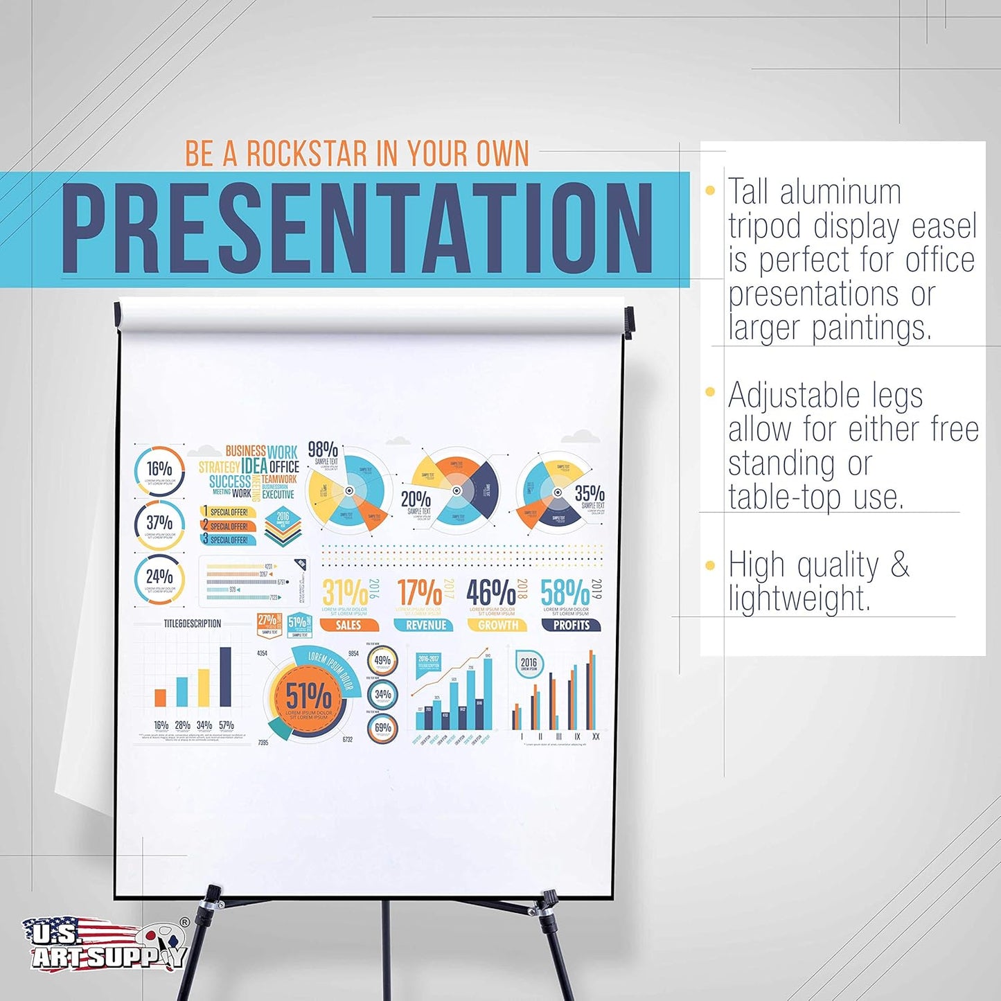 U.S. Art Supply 66" High Boardroom Black Aluminum Flip Chart Easel & Presentation Stand - Adjustable Floor/Tabletop, Portable Tripod, Holds 25 lbs., for Chart Paper, Poster Boards, & Pads