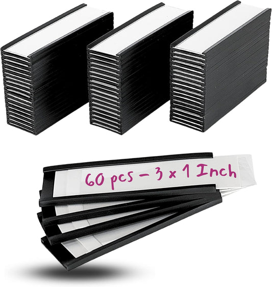 Availey 60 Pack Magnetic 'C' Channel Label Holders for Metal Racks and Shelves with Protective Films and Replacement Strips 3" x 1"
