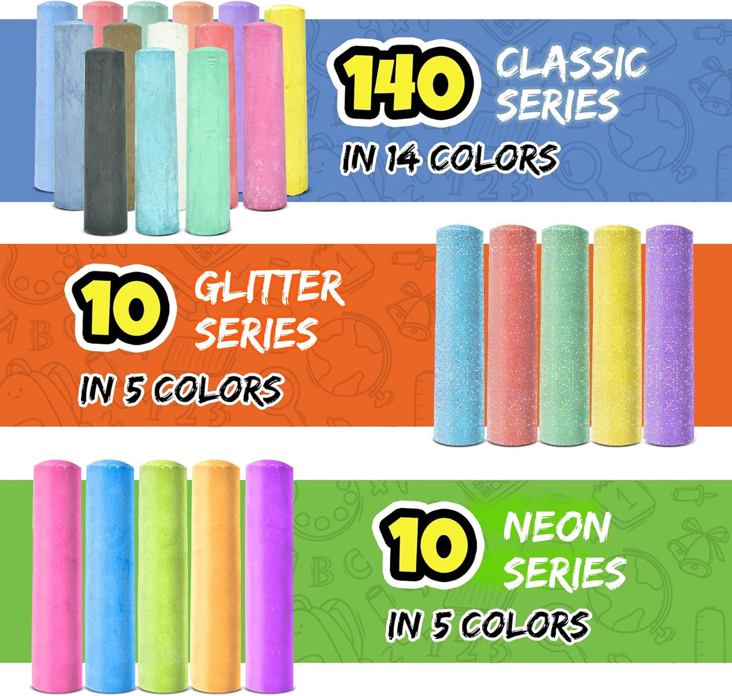 160 PCS Sidewalk Chalk for Kids - 14 Colors, 10 Glitter, 10 Neon Non-Toxic Washable Jumbo Chalks - Bulk Set of Outdoor Paint for Kids and Toddlers - Chalkboard Toys - Big Bucket Chalk for Party