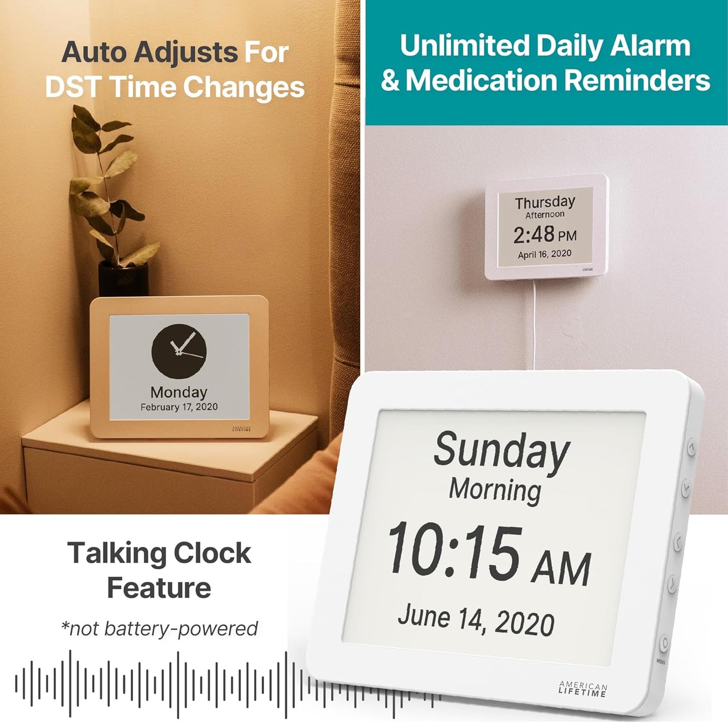 American Lifetime New 2025 Dementia Clock Large Digital Clock for Seniors, Alzeimer Clock Large Display with Custom Alarms, Clock with Day & Date for Elderly, Digital Calendar Premium White Pro