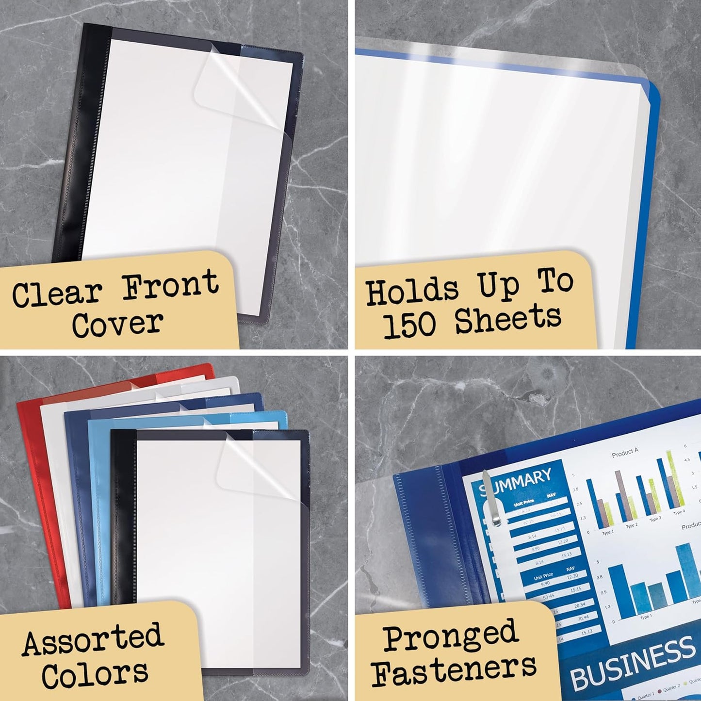 Better Office Products Ultra Durable Clear Front Report Covers, 25 Per Box, Letter Size, Assorted Colors, Poly Back Cover, with Fasteners, Lay Flat, Box of 25