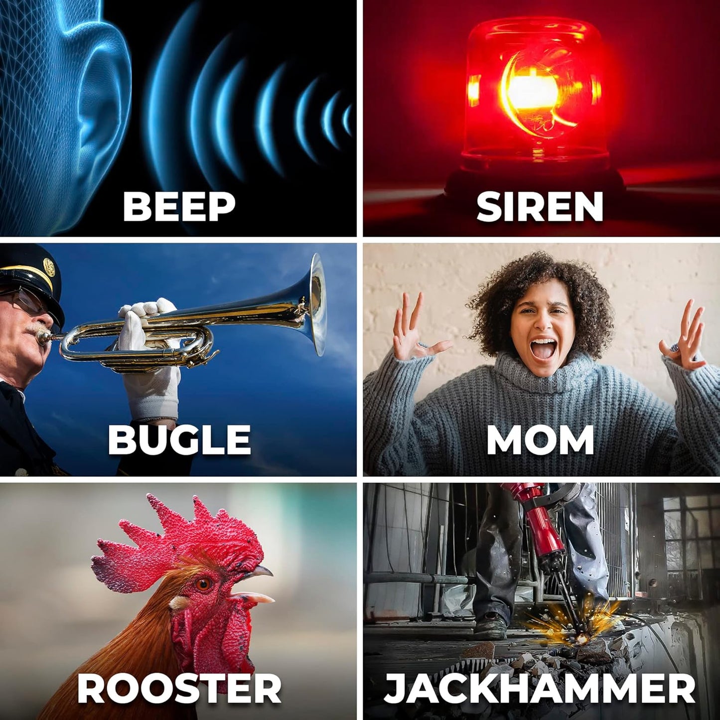 Sharp Big Bang Super Loud Alarm Clock for Heavy Sleepers, 6 Extremely Loud Wake Up Sounds: Rooster, Bugle, Nagging Mom, Jackhammer, Siren, Beep– Up to 115db Volume, Silver/Black with White LED Display