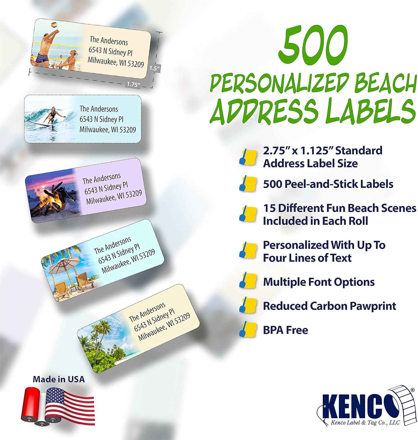 Customized Personalized Address Labels - Made in The USA by Kenco (500 Labels, Tropical Beach)