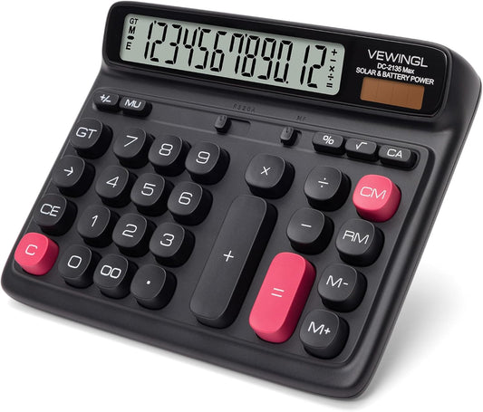 VEWINGL Desktop Calculator, 12-Digit Large LCD Display, Big Computer-Style Keys, Dual Power (Solar & Battery), Auto Sleep Mode, for Office, School, Home & Business 7.5″ x 6.1″ (Black, L)