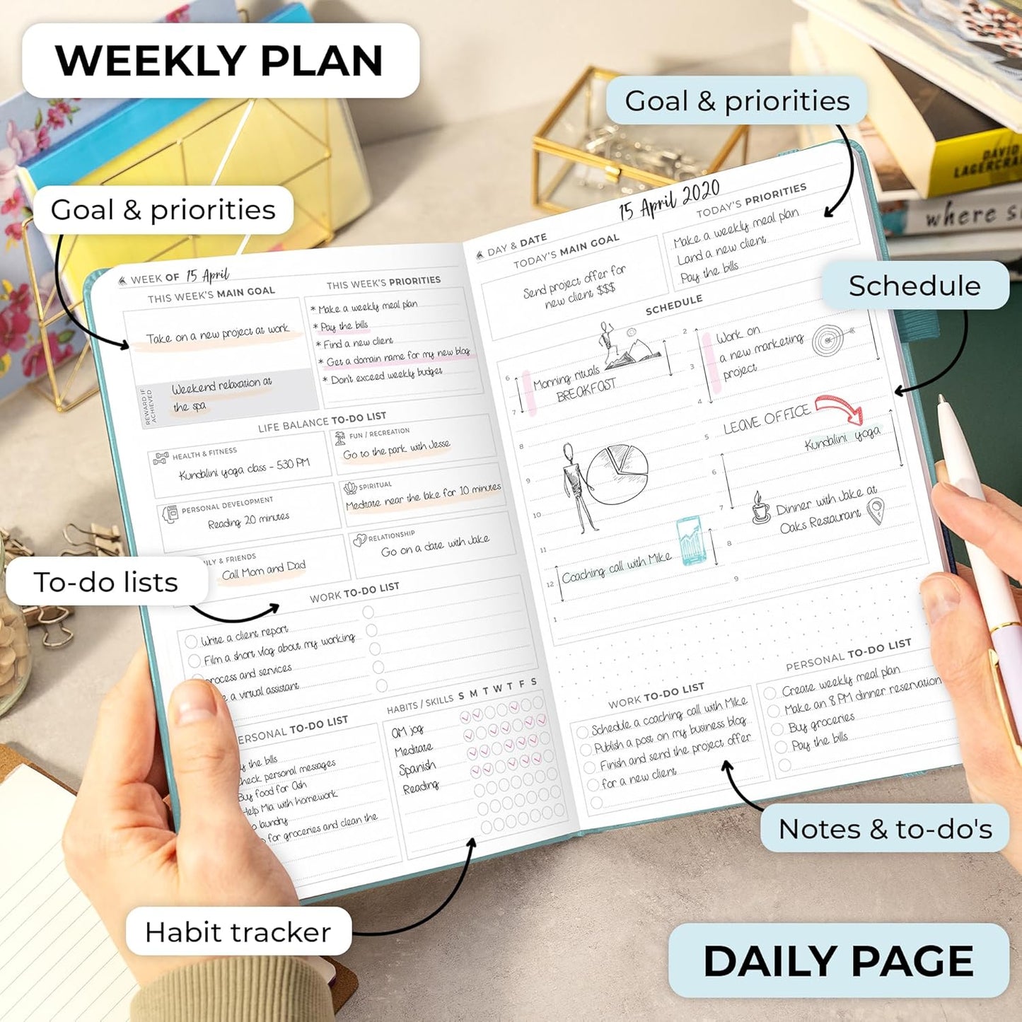Clever Fox Planner Daily Premium – Undated Daily Planner with Hourly Schedule, Personal Organizer, Productivity Journal, 6 Months (Aquamarine)
