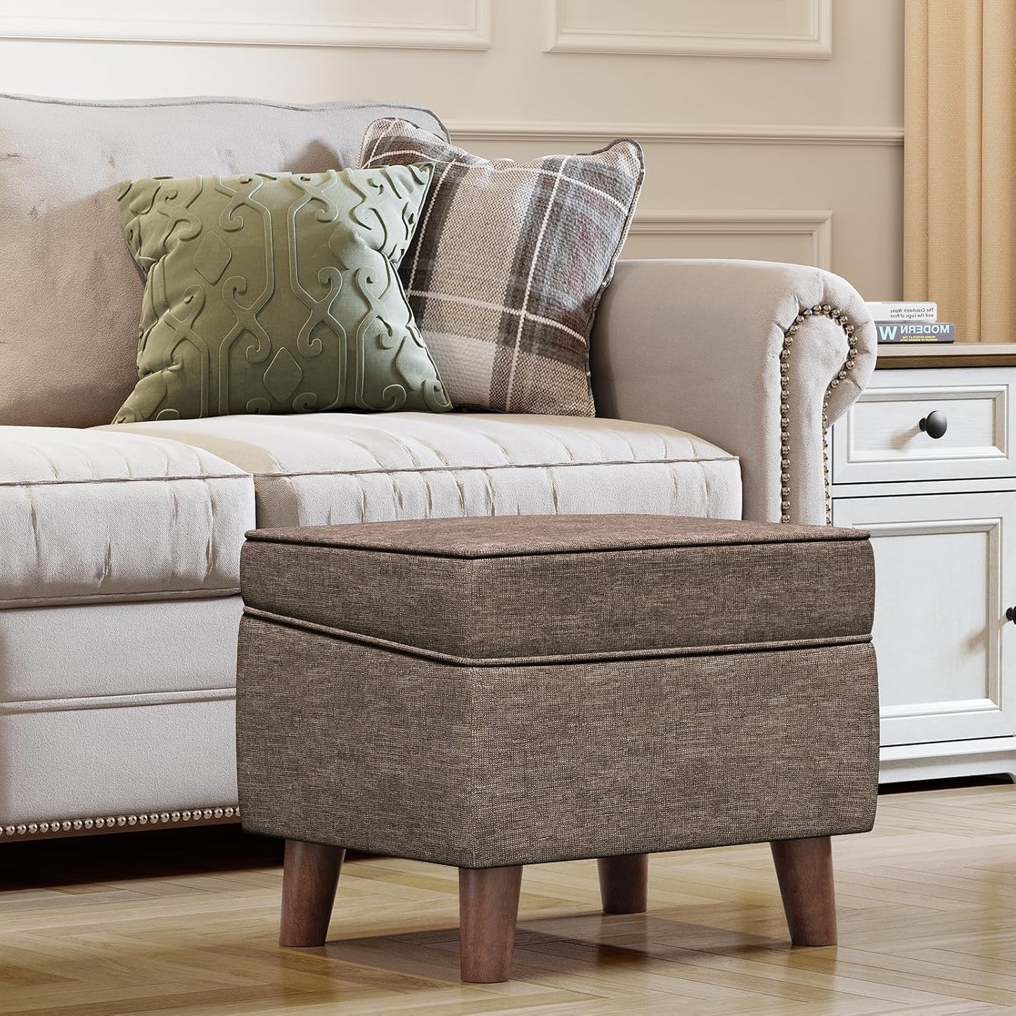 Storage Ottoman with Adjustable Cover, Soft Step Stool, Footrest and Seat, Ottoman Foot Rest for Living Room, Bedroom, Dorm, Brown