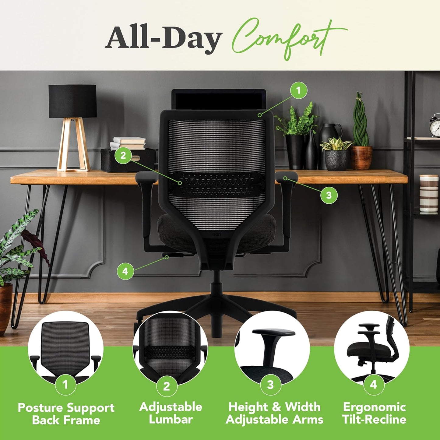 HON Solve Task Chair, Ergonomic Office Chair Mesh Back Support, Adjustable Lumbar, with Wheels, Height-Adjustable Arms, for Computers, Desks, Home Office, Black